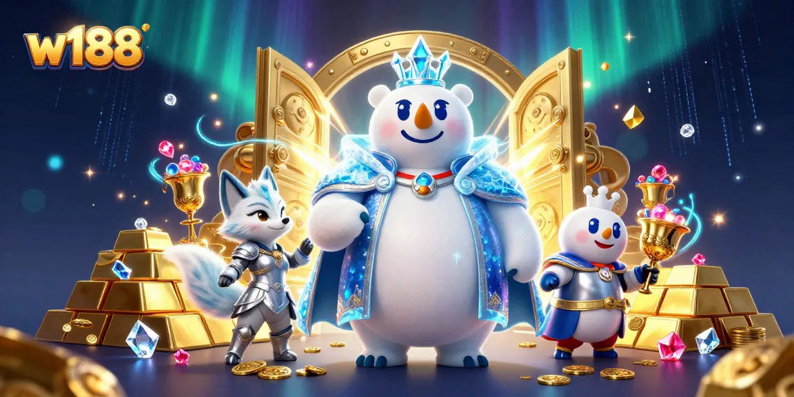 w188 players revel in a dynamic casino scene with treasure, interactive characters, and vibrant colors.
