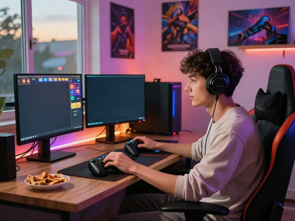 Engaged gamer at stylish setup playing akunjp online slots with vibrant screens.