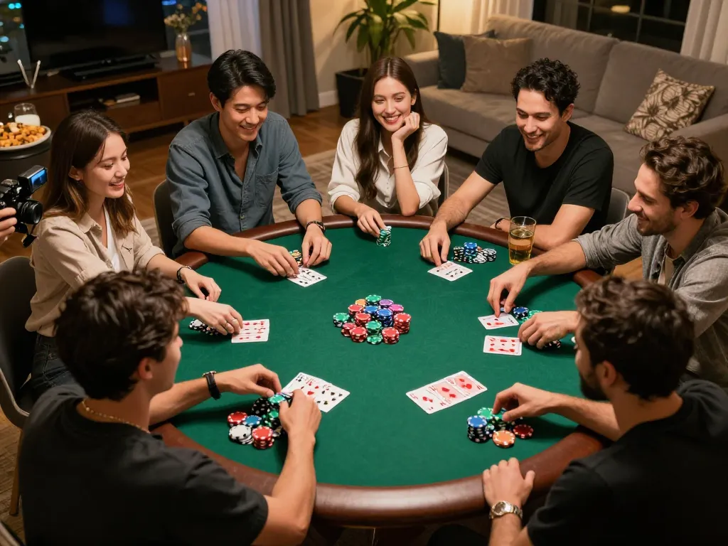 SC88 home poker night where friends engage in strategy and fun gameplay around a colorful table