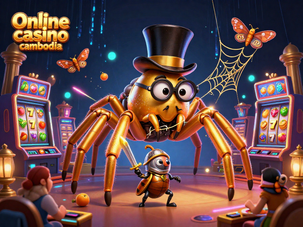Engage with Online casino cambodia through vibrant 3D scene depicting slot machines and a golden tarantula.