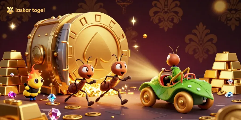 Ants performing a heist with a poker chip in a vibrant casino-themed illustration for laskar togel.