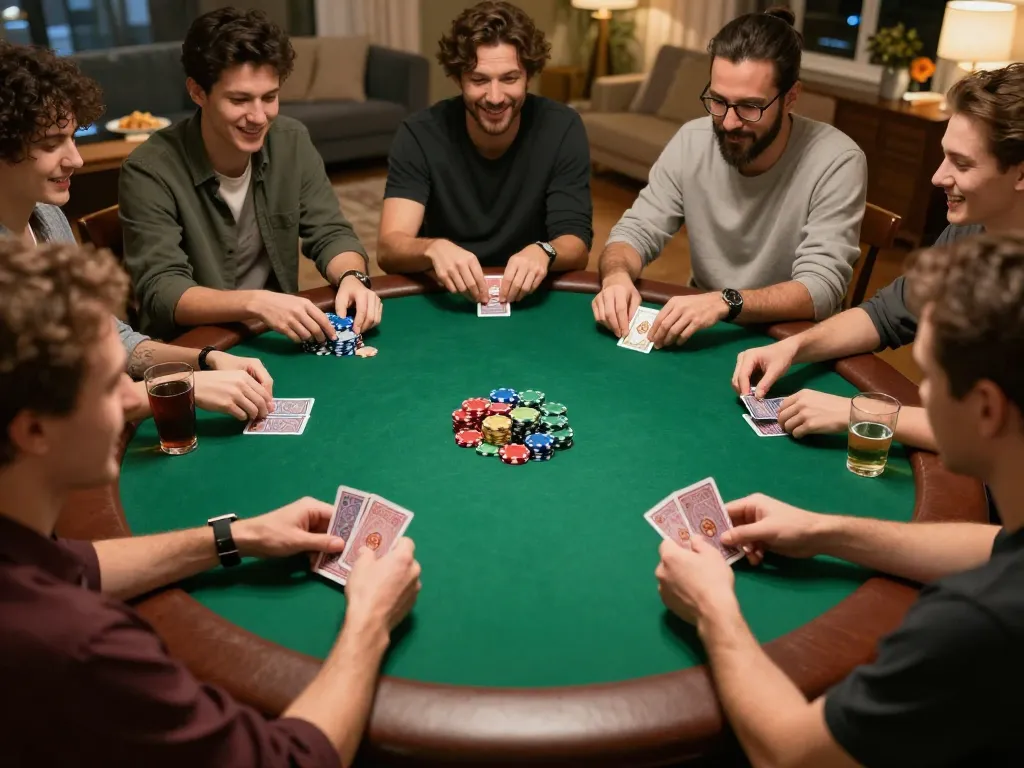 Engaging poker game night scene showcasing tg88 gambling excitement with friends at home.