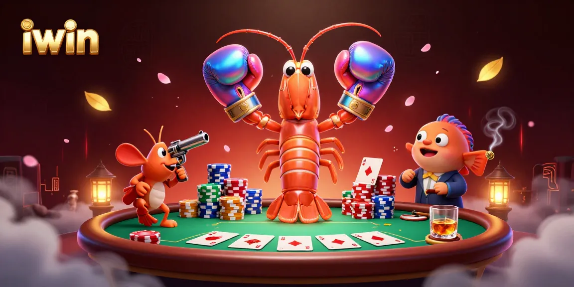 Experience iwin's vibrant poker action with cartoon characters in a dynamic casino scene.
