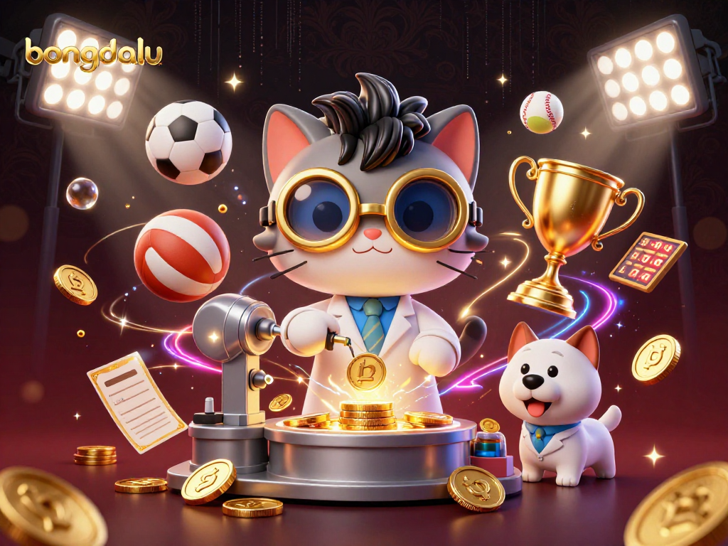 bongdalu showcases a mad scientist cat creating wealth with sports elements and golden coins in a dynamic casino scene.