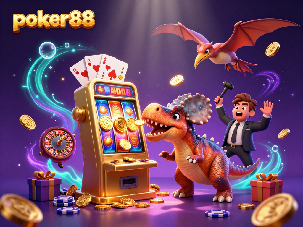 Dalam permainan poker88, dinosaurus 3D memicu jackpot dengan mesin slot, menciptakan pengalaman bermain yang menarik.