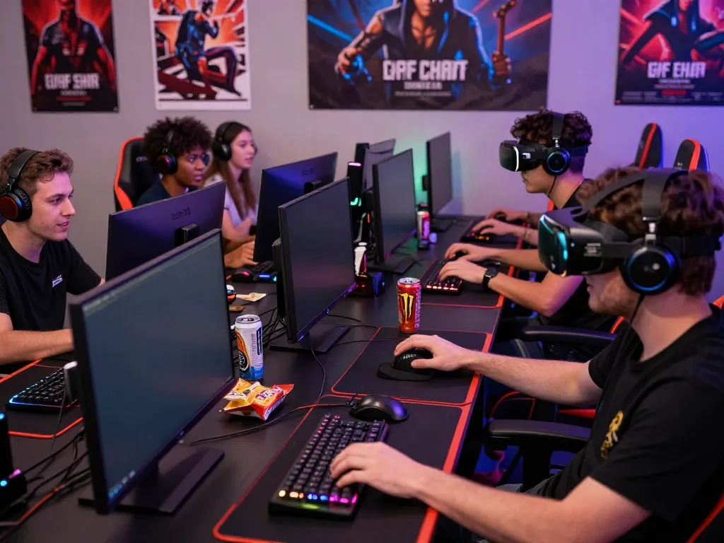 Gamer bersemangat di nyonya4d dengan setup modern, suasana ceria dan berwarna-warni.