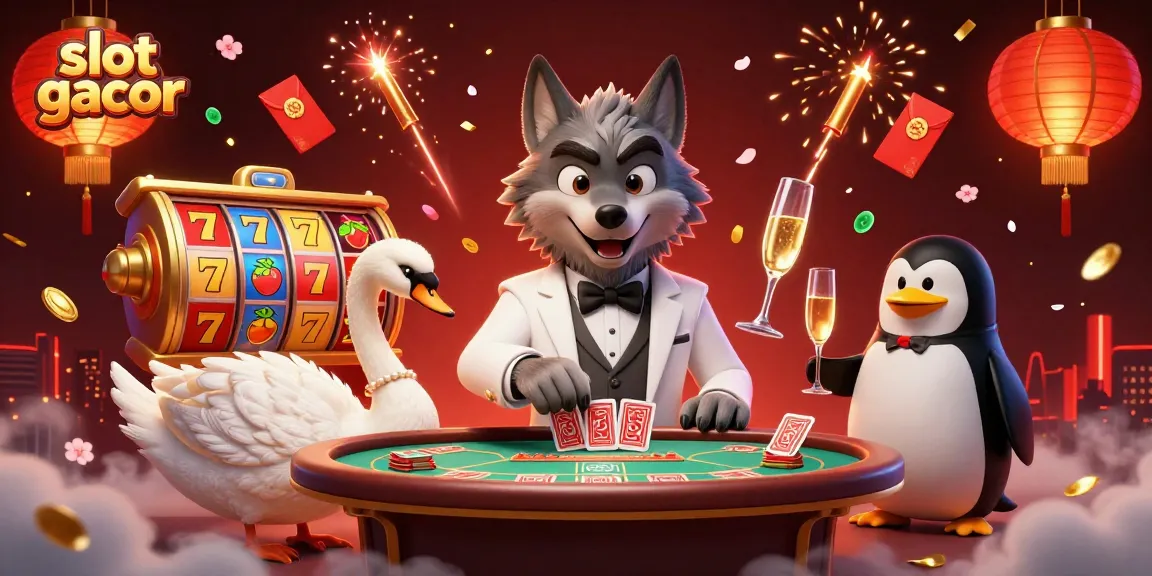 Experience slot gacor excitement with a debonair wolf at a baccarat table surrounded by vibrant casino elements.