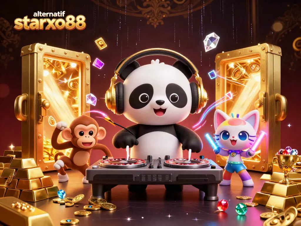 Experience the thrill of alternatif starxo88 with a vibrant 3D DJ panda, monkey, and kitten in a casino atmosphere.