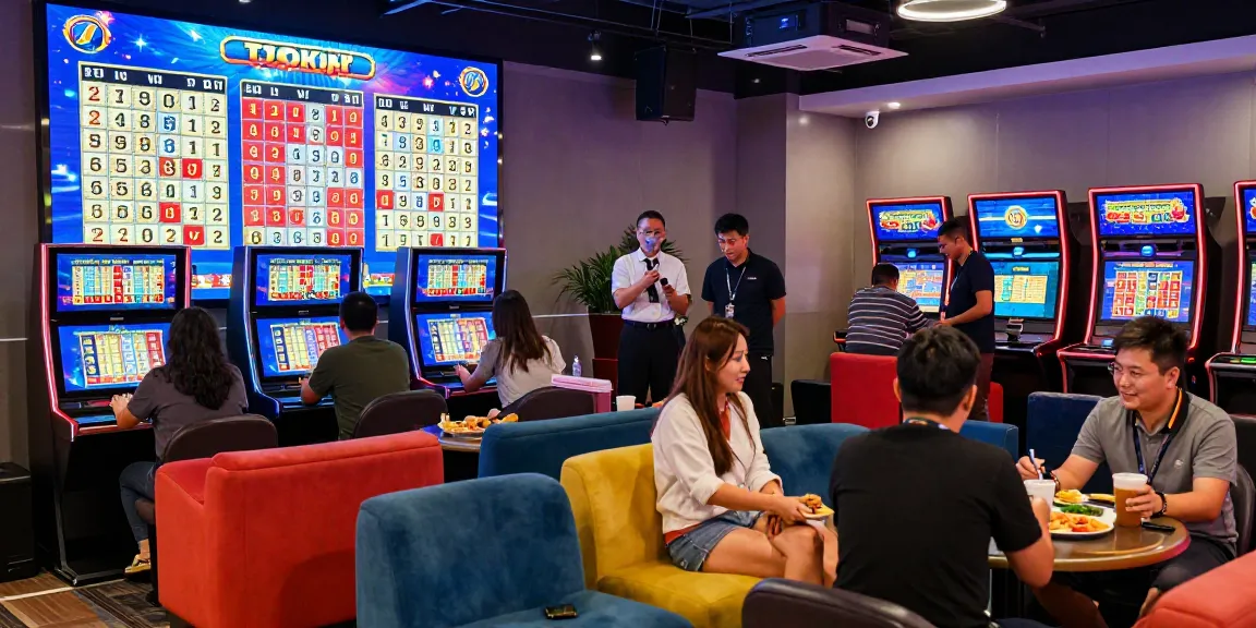 Engaging Toto gambling venue with diverse patrons excited about 4D lottery results and digital displays.
