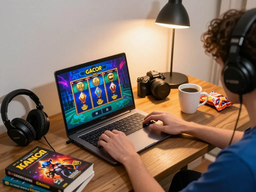 Player enjoying slot gacor on a laptop with vibrant graphics, warm lighting, and gaming accessories around