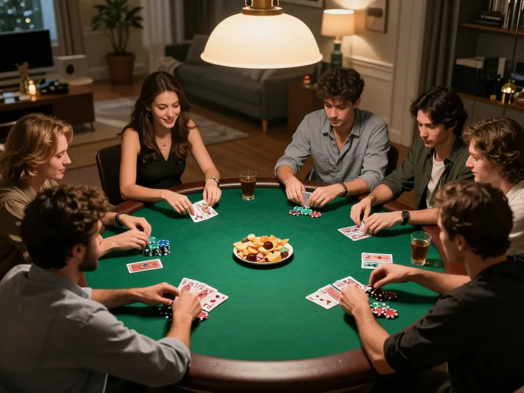 LIGA2000 LOGIN poker night with friends, strategic card play in a cozy home setting.