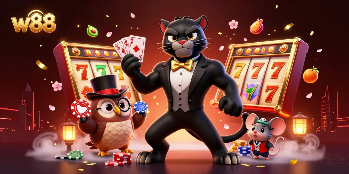 W88 với những chú panther mặc vest sang trọng chia bài trong thế giới Casino ảo đầy màu sắc.