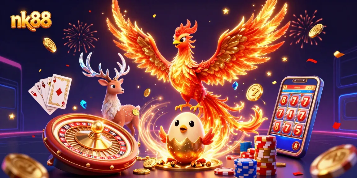 Experience the thrilling world of nk88 with a phoenix and stag amidst glowing coins and casino elements.
