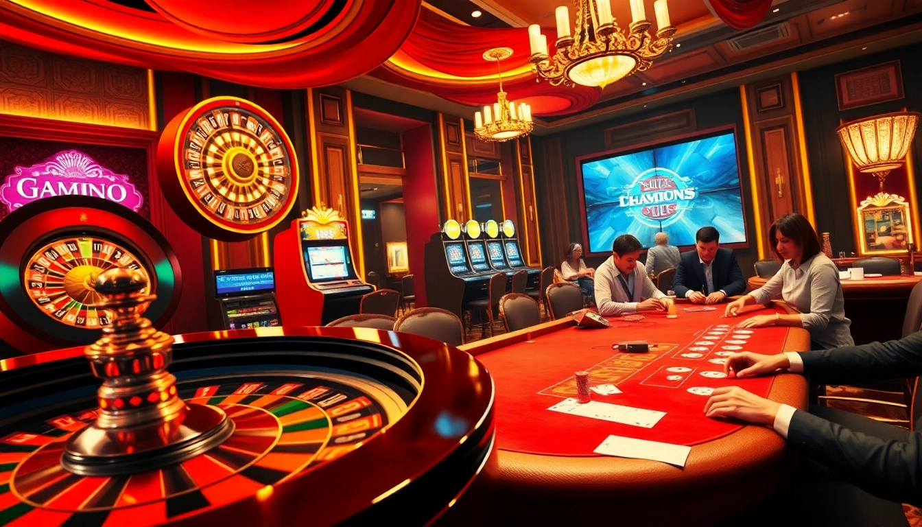 Experience the thrill of 555 win at a luxurious casino, showcasing vibrant slot machines and a roulette wheel.