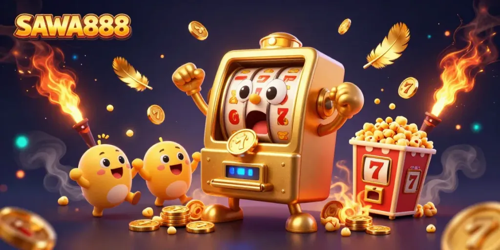SAWA888 slot machine wins big, showcasing energetic jackpot celebration with cheering characters.