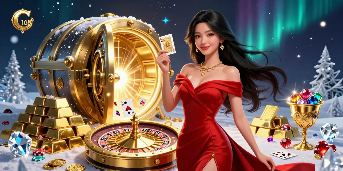 C 168 showcases a stunning roulette scene featuring a beautiful Asian woman holding a golden playing card, symbolizing elegance and excitement in gambling.