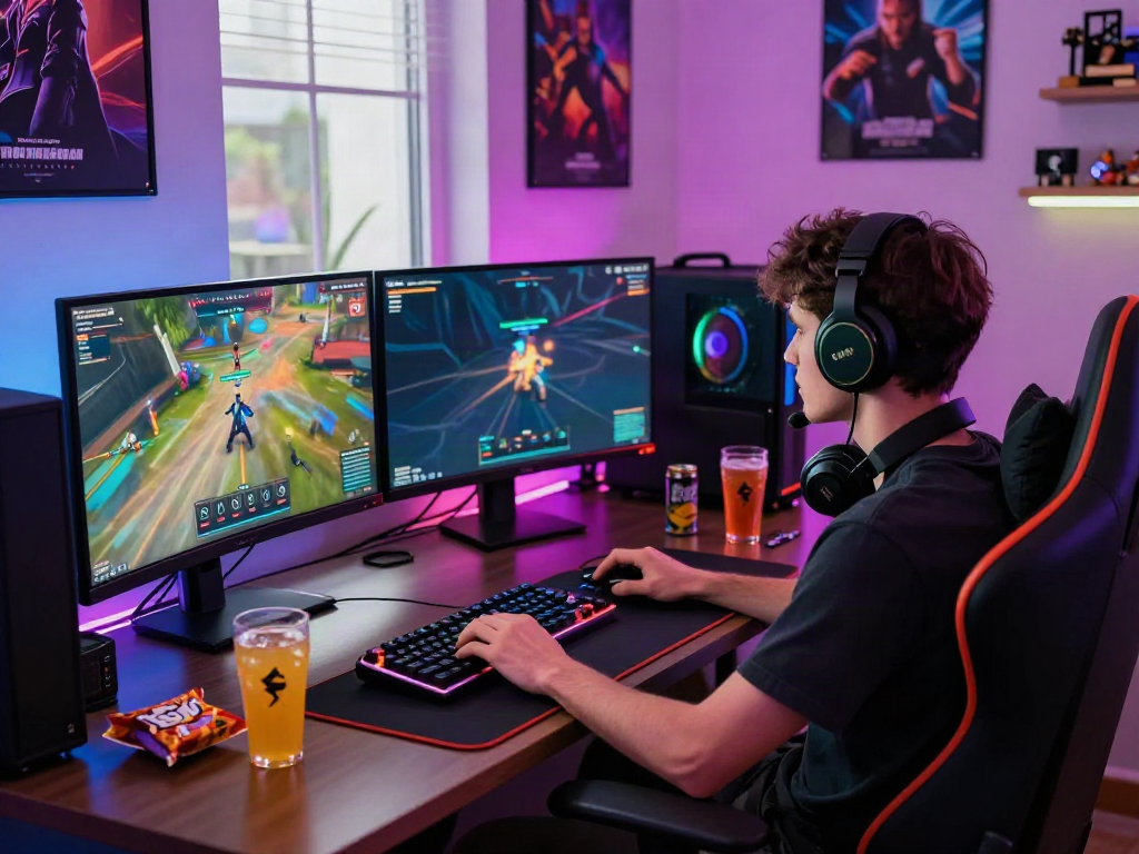 A player at the akunjp gaming setup, immersed in online gaming with vibrant LED lights.