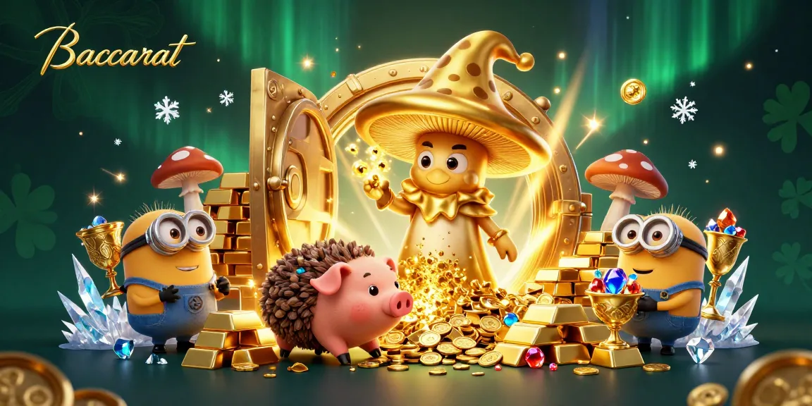 Baccarat wizard character conjuring gold treasures and magic in a vibrant digital casino scene.