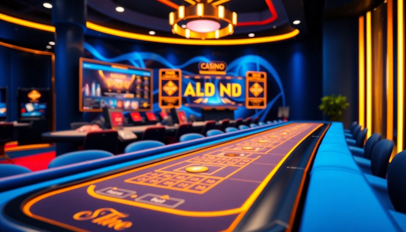 Erlebe casinospielen in einem aufregenden Online-Casino-Setting mit digitalen Spieltischen und lebendigen Farben.