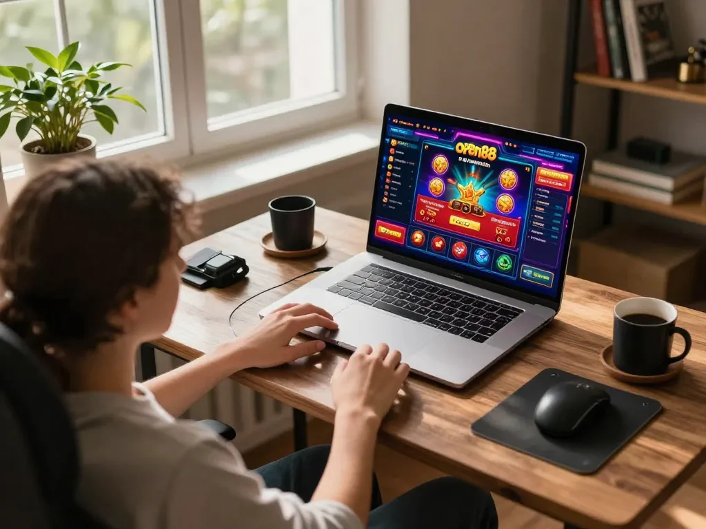 Player engaging in open88 online casino gaming from home with vibrant game interface displayed