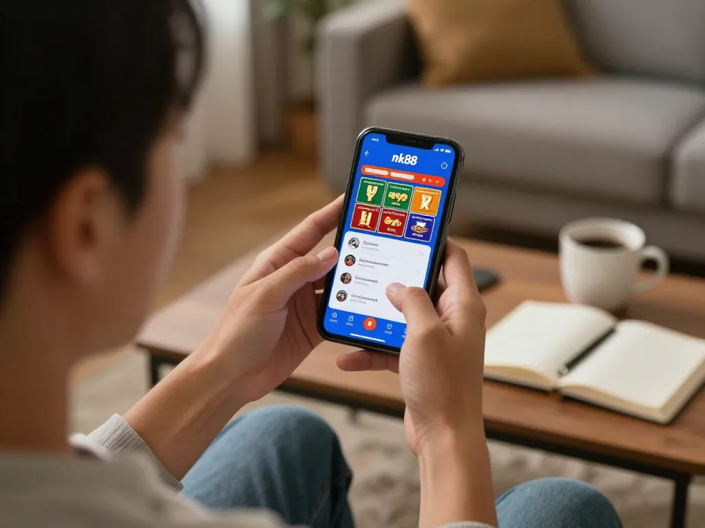 Player interacting with nk88 mobile app while strategizing in a cozy living room