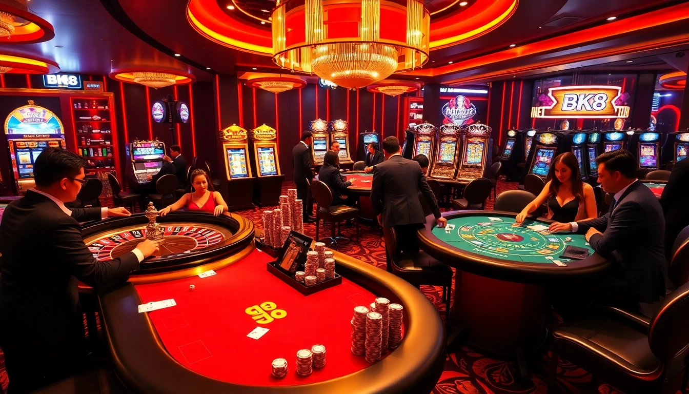 Exciting casino gaming scene showcasing BK8 with blackjack and poker players amidst luxury ambience.