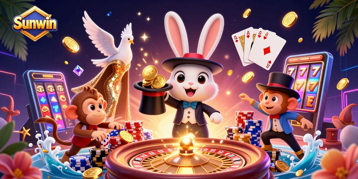Sunwin engages players with a whimsical 3D casino scene featuring a magician, dove, and monkey surrounded by sparkling games and winnings.