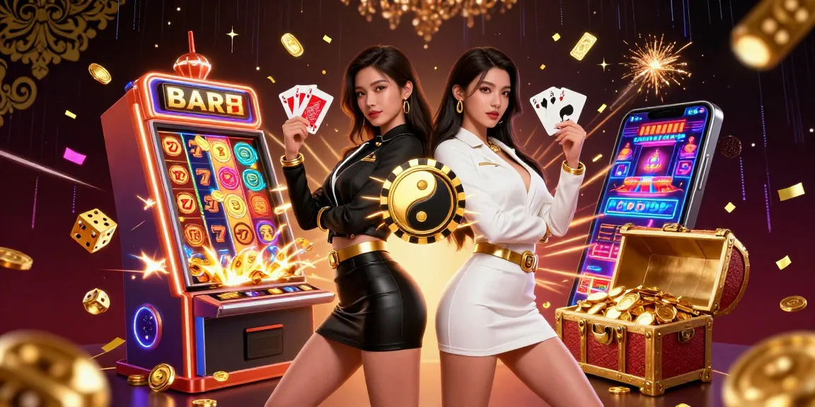 Engage in thrilling casino action at BJ88 with stunning visuals of twin Asian women wielding red and black playing cards, casino symbols, and festive gold.