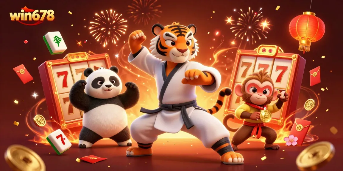 Spin winning reels at win678 with a kung fu tiger, panda, and monkey in a festive casino scene.
