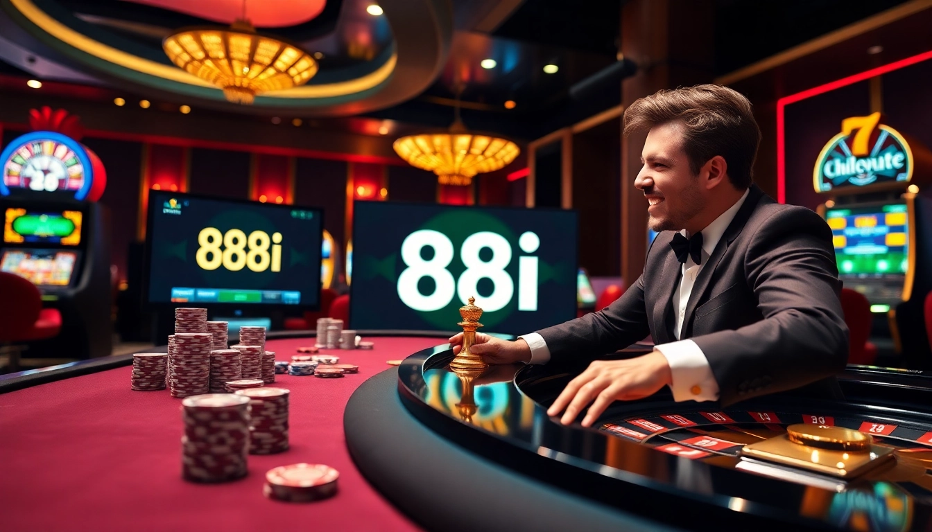 Excited gambler engaging in online gaming at a luxurious casino showcasing 88i.