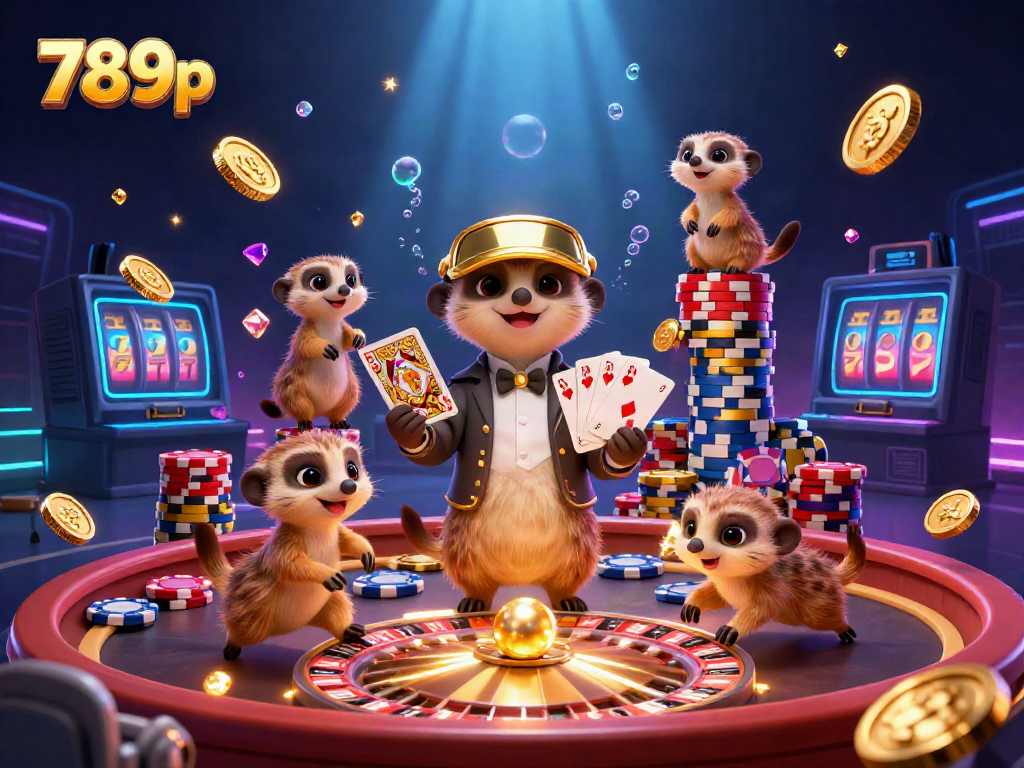 Engage in thrilling gameplay with 789p as meerkats helm a vibrant casino scene filled with coins and cards.