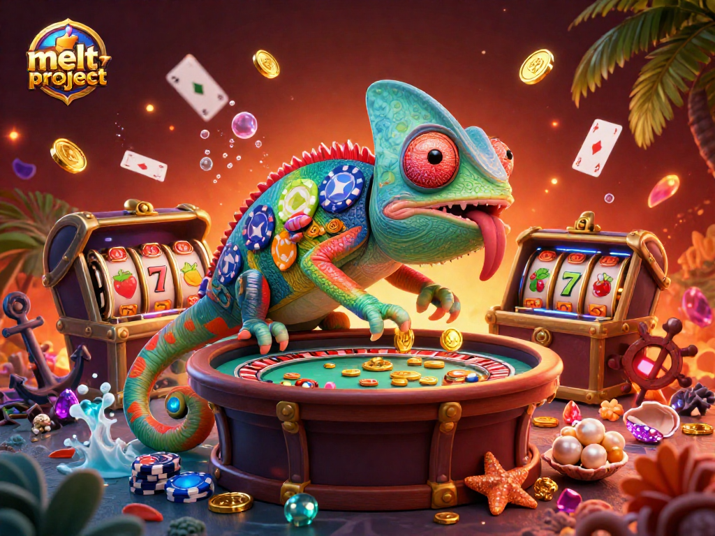 Discover melt-project's vibrant chameleon casino where golden coins are collected among gaming treasures.