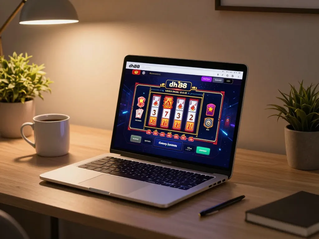 Engaging player enjoying dh88 casino games on laptop at a stylish home desk with warm lighting.