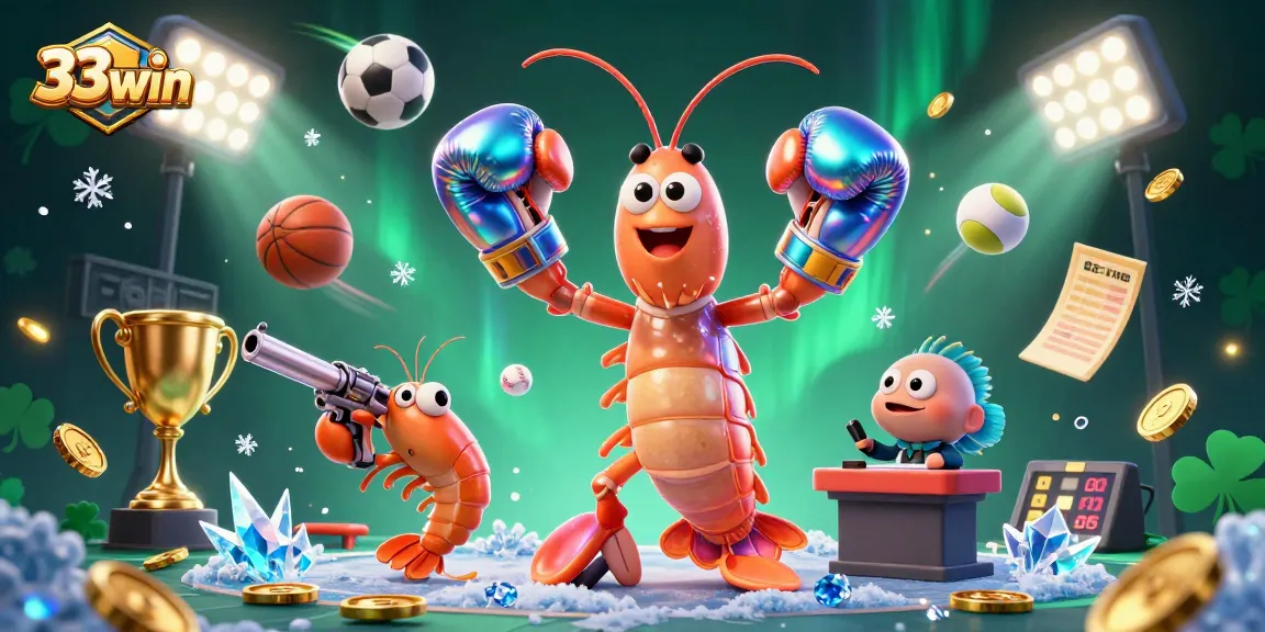 33win showcases an energetic scene with dynamic sports elements and vibrant characters in a casino setting.