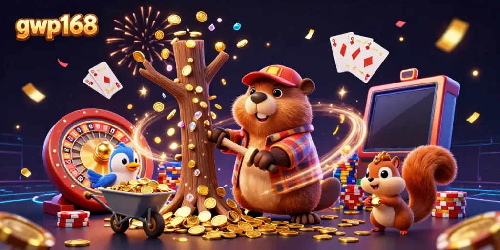 Permainan seru dengan gwp168, fitur beaver memecahkan pohon yang menghasilkan koin emas.