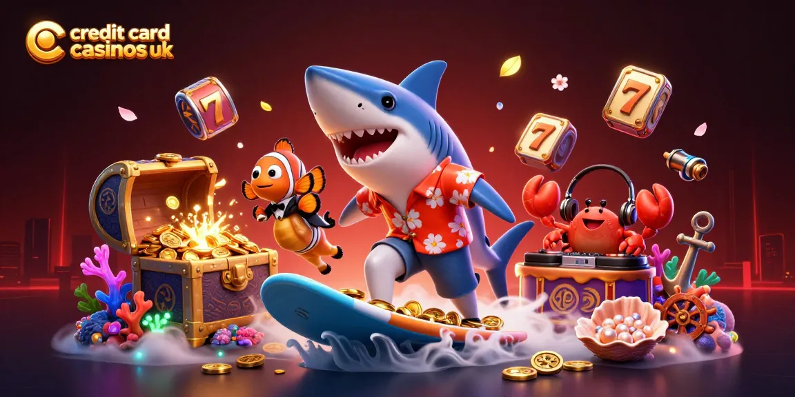 Engage with credit card casinos uk through a vibrant 3D scene featuring a surfing shark and a DJ crab amidst gold coins.