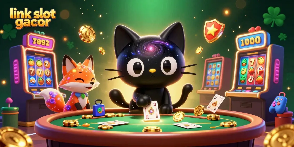 Permainan slot gacor menarik dengan kucing hitam galaksi dan rubah nebula menyebarkan chip emas.