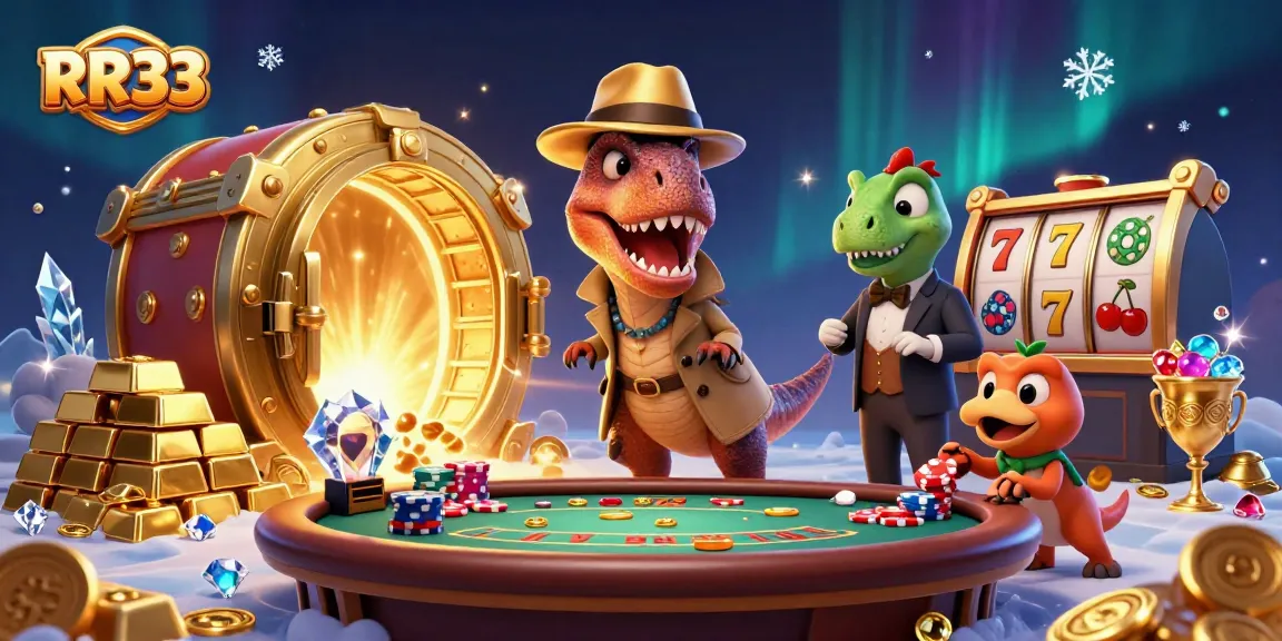 RR33 velociraptor card counter in an exciting casino mood with vibrant treasure elements.