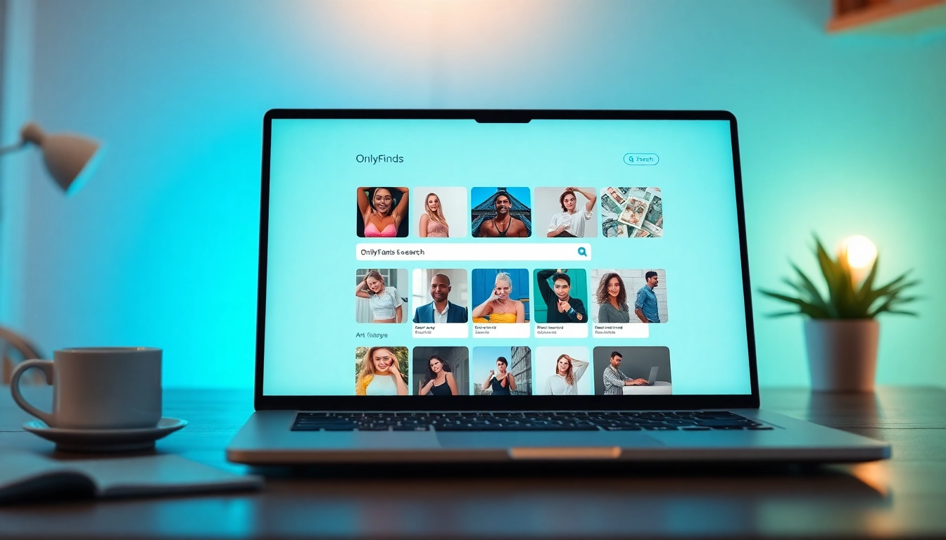 OnlyFans Search interface on a laptop displaying vibrant creators' profiles and categories.