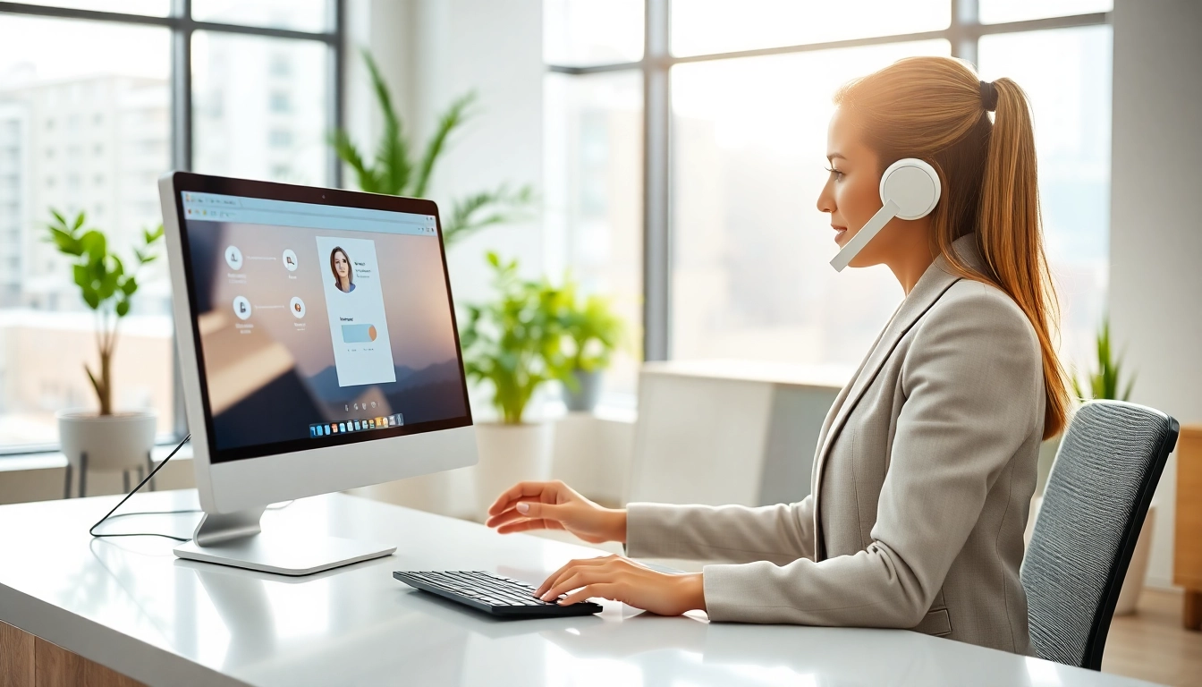 AI Receptionist handling a phone call with a professional demeanor at a modern office.