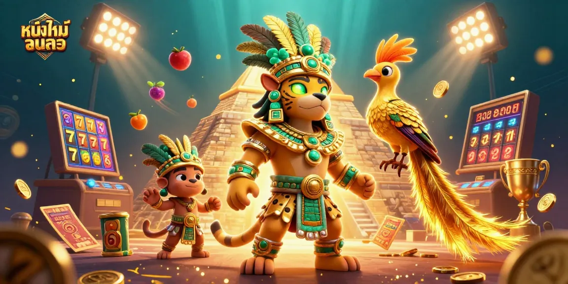 Engage with thrilling หนังใหม่ชนโรง experiences featuring a lively Mayan priest, quetzal bird, and vivid casino elements.
