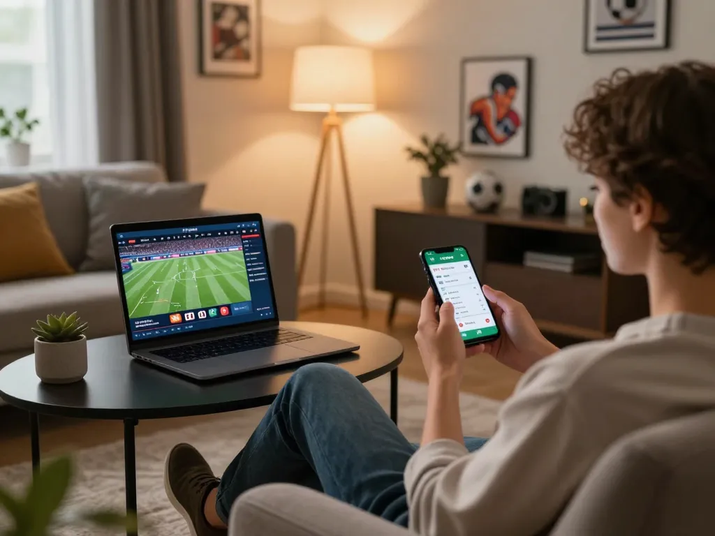 Engaged player with sportsbook app showcasing zx88 betting odds in a cozy living room.