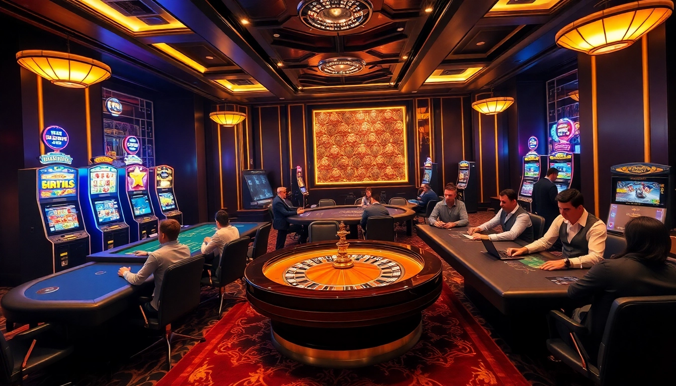 Luck8 casino experience with players engaged at poker and roulette tables in a luxurious setting.