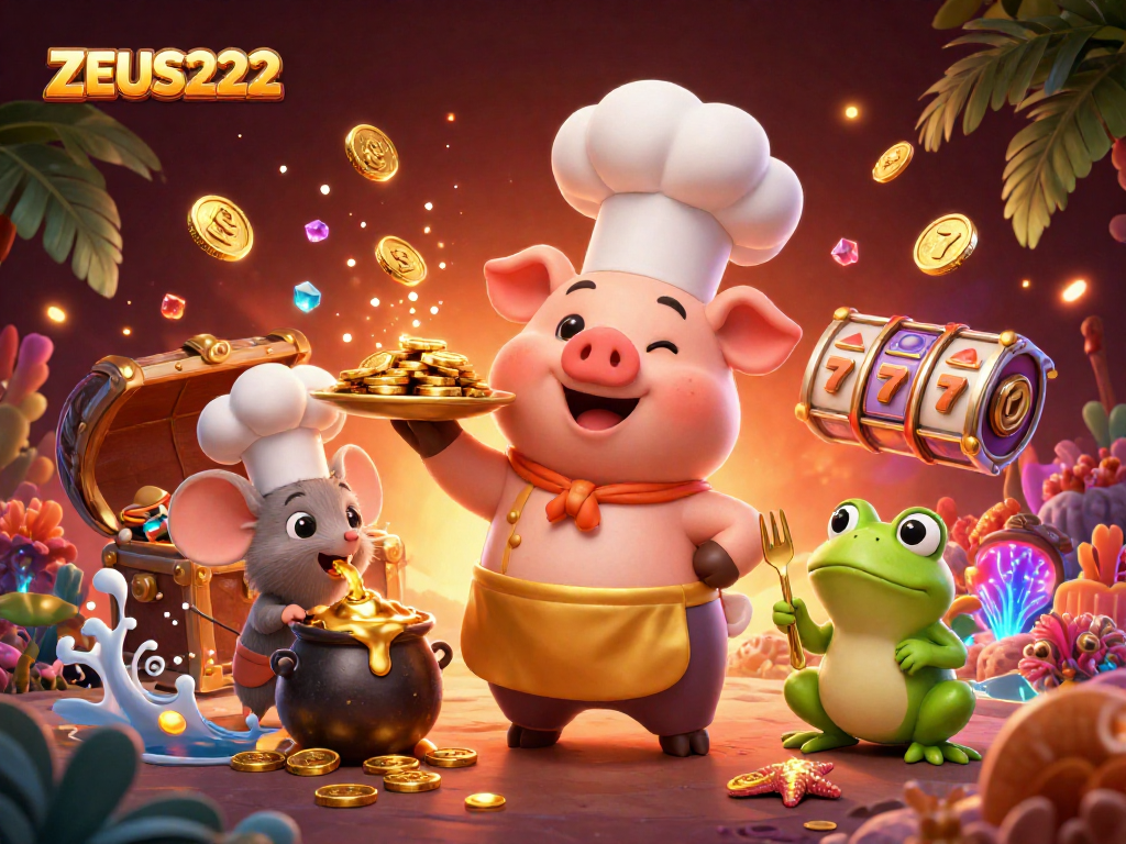 ZEUS222 showcases a vibrant casino scene with gold coins, vibrant characters, and engaging game symbols.