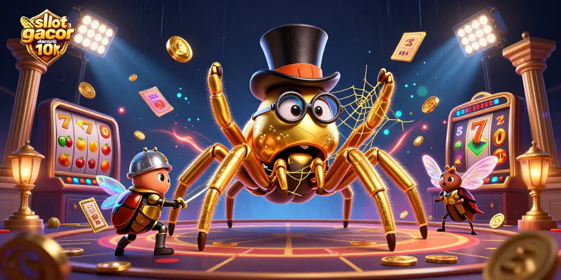 Bet on situs slot gacor deposit 10k with a giant golden tarantula and beetle knight in a vibrant casino scene.