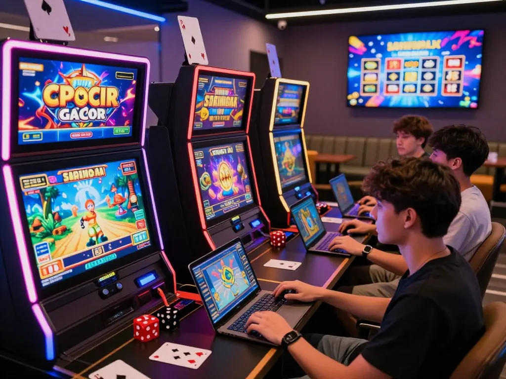situs slot gacor players enjoying a vibrant online gaming atmosphere with digital slot machines and colorful graphics