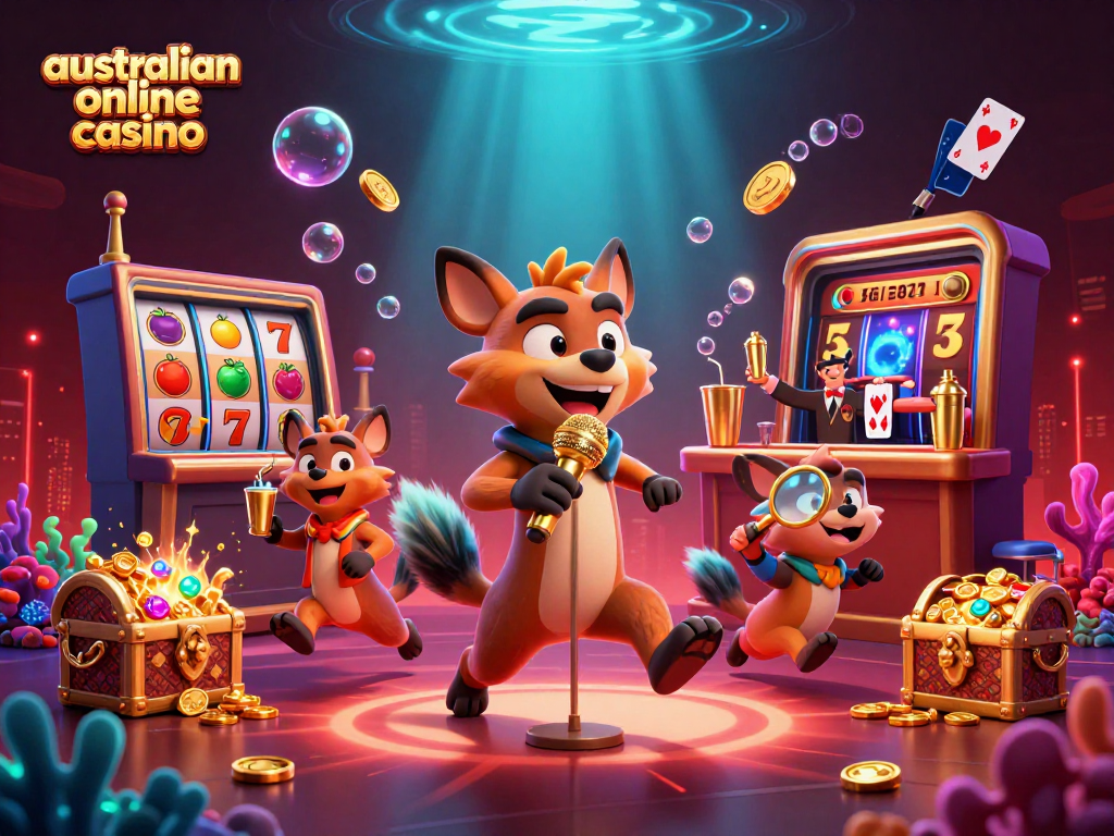 Engage with the excitement of australian online casino in a lively scene featuring hyenas in a comedy club.