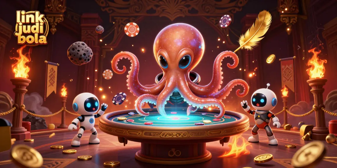 Engage with the exciting action of link judi bola as an alien octopus and robot play poker amidst vibrant casino elements.