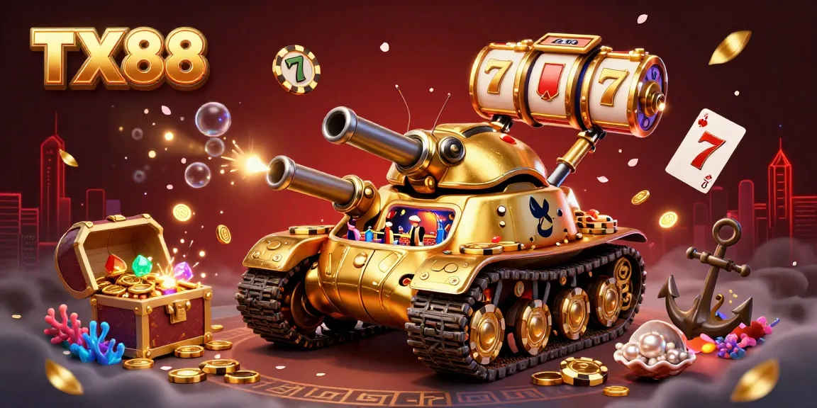 Experience the excitement of TX88 with a virtual casino in a massive golden beetle tank amidst vibrant gaming elements.