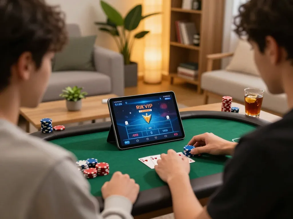 Engaging in an online poker game on RIKVIP with strategic bets and cozy atmosphere.